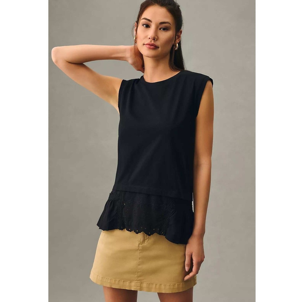 Anthropologie TINY Black Eyelet Lace Trim Peplum Muscle Tee Sleeveless Top M